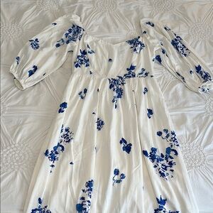 Floral White and Blue Midi Dress